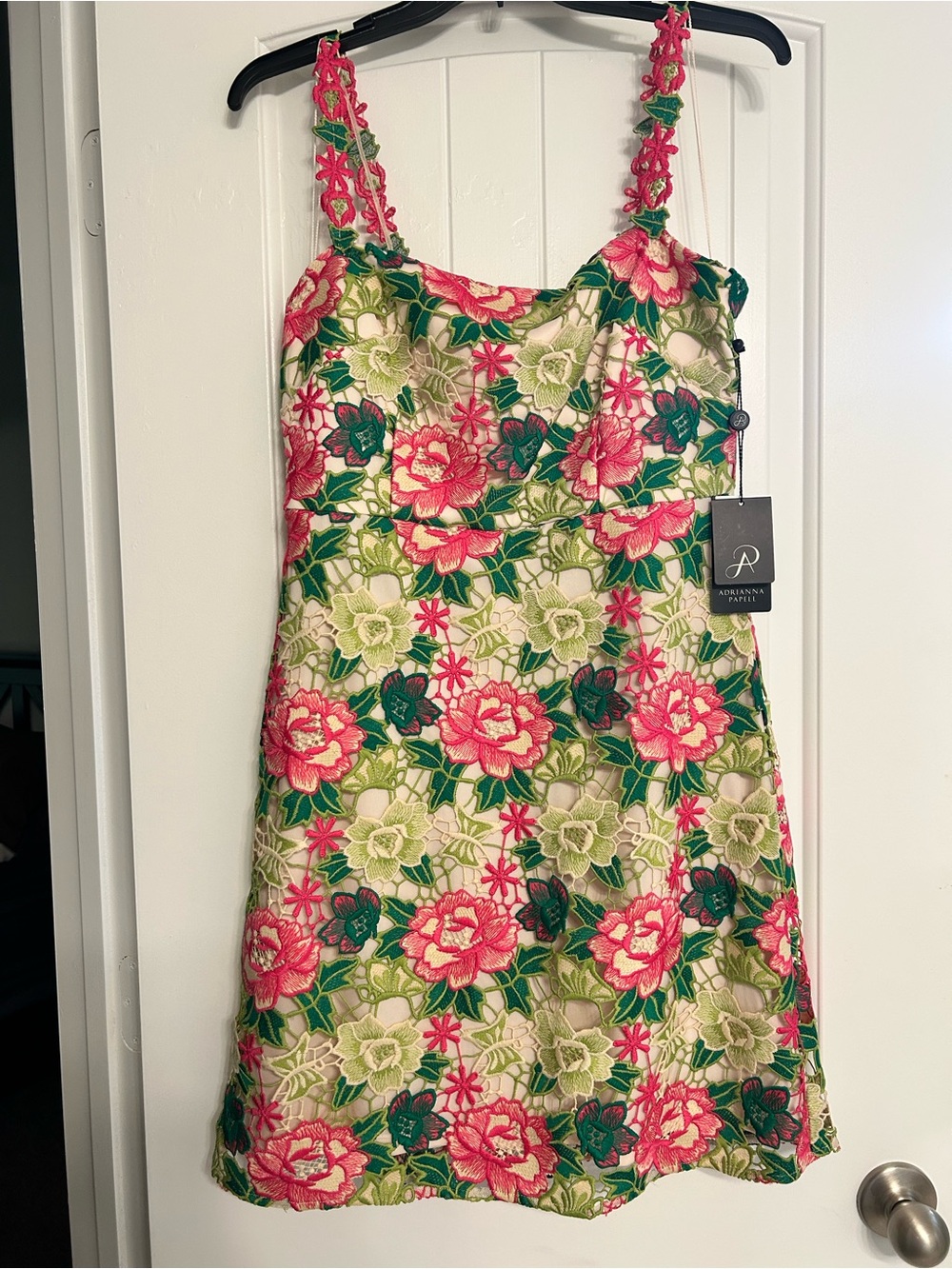 NWT Adrianna Papell Green & Pink Short Floral Embroidery Dress Women’s SZ 6